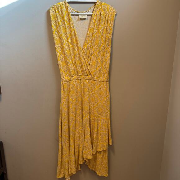 Maeve Size Medium V Neck Fete Midi Dress Handkerchief Hem Yellow Floral Summer - Picture 1 of 9